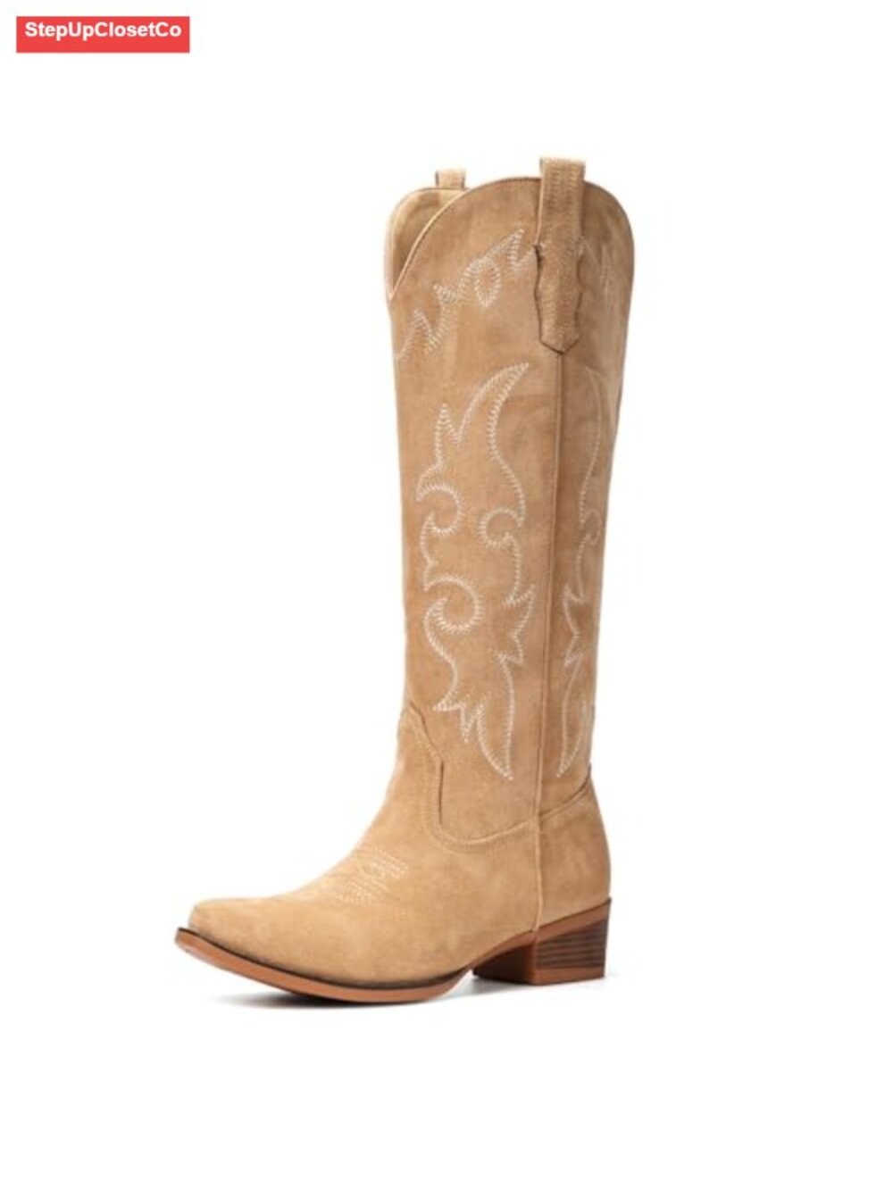 Suede Knee High Cowboy Boots Floral Embroidery Western Equestrian Boots